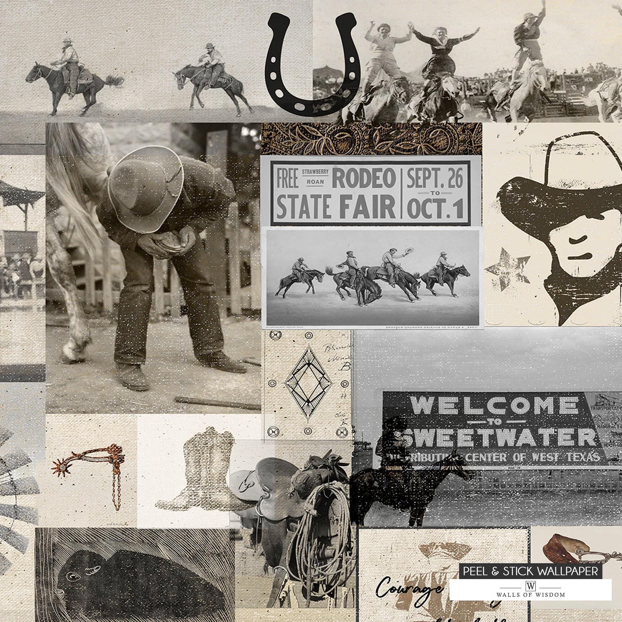 Western Rodeo Image Collages Vintage Cowboy Wallpaper Mural, Modern Cowboy Collage Print Western ...