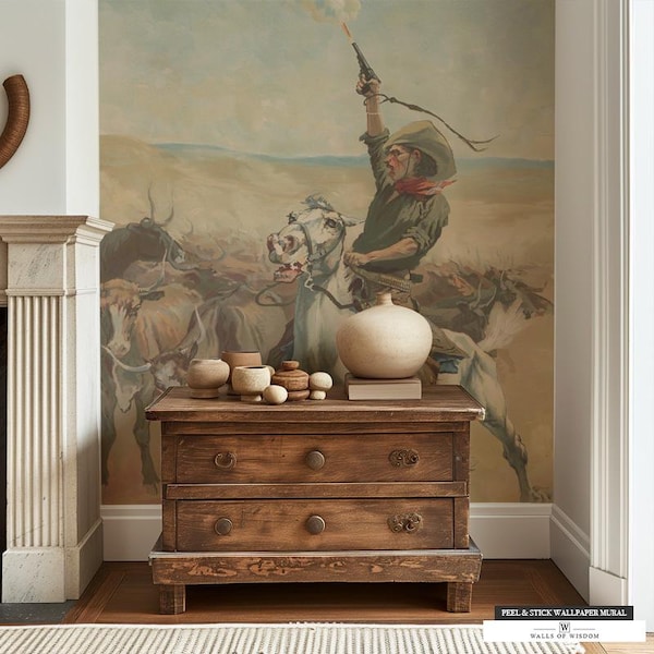Western Decor Wallpaper Mural Art Cowboy Peel and Stick Rustic Large Wall Art Accent Wall Decor for Wall New Home Bar Decor Large Print Art