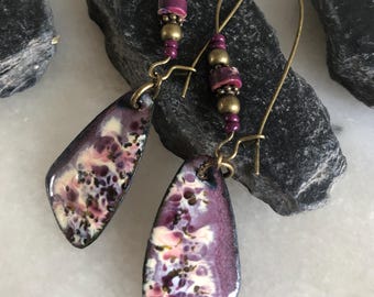 Pendientes bohemios y elegantes, colgante de cobre esmaltado, moteado morado y crema, ganchos largos, jaspe, cuentas Myuiki