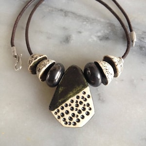 Leather and ceramic choker, ethnic and rustic, boho chic, handcrafted brown and ivory ceramic, brown leather cord