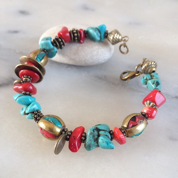 Ethnic, boho, hippie, turquoise and red coral inspired bracelet, Nepalese artisanal beads, bronze ethnic charms and beads