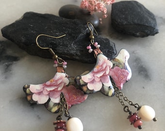 Asian-inspired earrings, enameled pendant, floral motif, soft shades of pink and white, mother-of-pearl beads, jade rondelles, chains