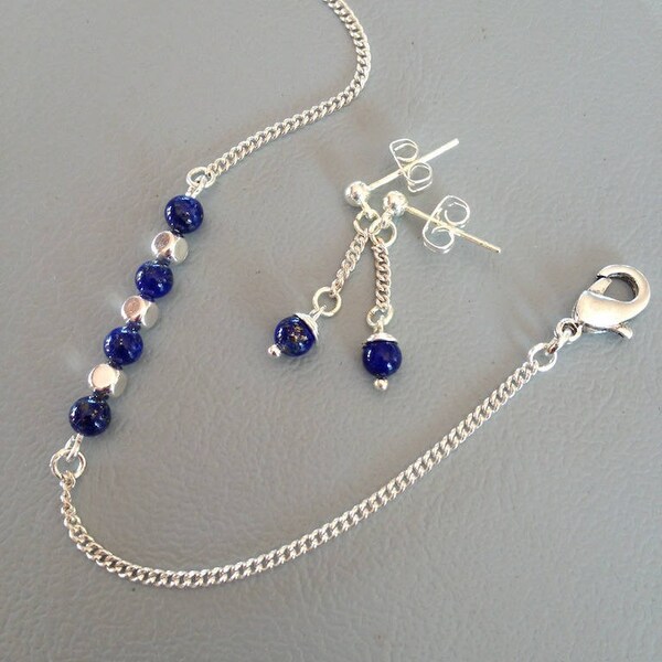 Bracelet et boucles d'oreilles lapis lazuli et fine chainette argentée, fine parure, création Leamorphoses