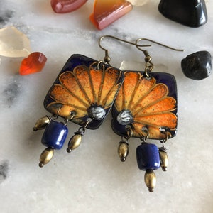 Bohemian earrings, rectangular pendants, enamels, orange tones, lapis blue, vegetable ivory beads, tagua