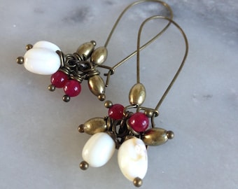 Lightweight, Ivory Pearl Earrings and raspberry jade, Leamorphoses