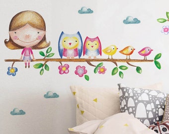 Woodland nursery decor with Owl wall decal, Birch tree, butterfy and floral style, Forest mural peel and stick