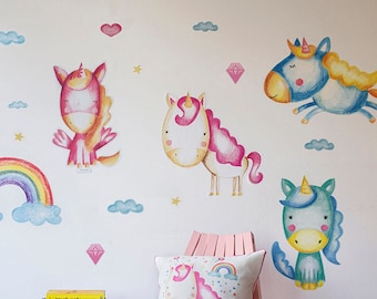 Unicorn wall decal with Rainbow wall decal included (4 unicorns, 1 rainbow, 5 clouds) , Watercolor large wall decor for nursery and girls