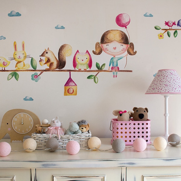 Branch wall decal, Tree wall decal, Girl and Balloon Sticker, Children Wall Decal