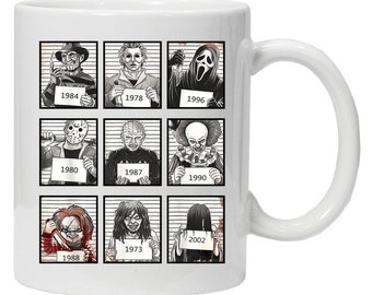 Horror Movie Legends MUGSHOT Mug | Inspired Parody Funny Novelty Coffee Tea Cup