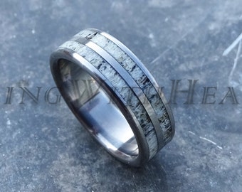 Stainless Steel Ring with Deer Antler, Antler Wedding Band, Engagement Ring, Antler Ring, Birthday Gift, Valentines Day Gift, Hunters Ring