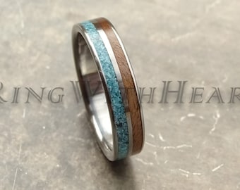 Walnut Wood and Turquoise Ring with Titanium, Wedding Band, Hypoallergenic Engagement Ring, Valentines Day Gift, Fathers Day Gift