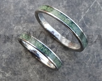 Set of Jade Wedding Band with Titanium, Anniversary Rings, Engagement Rings, Hypoallergenic Ring Pair with March Birthstone, price = pair