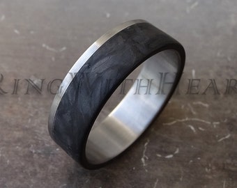 Forged Carbon Fiber Ring with Stainless Steel, Matte Black Mens Ring, Minimalist Wedding Ring, Father's Day Gift, Valentine's Day Gift