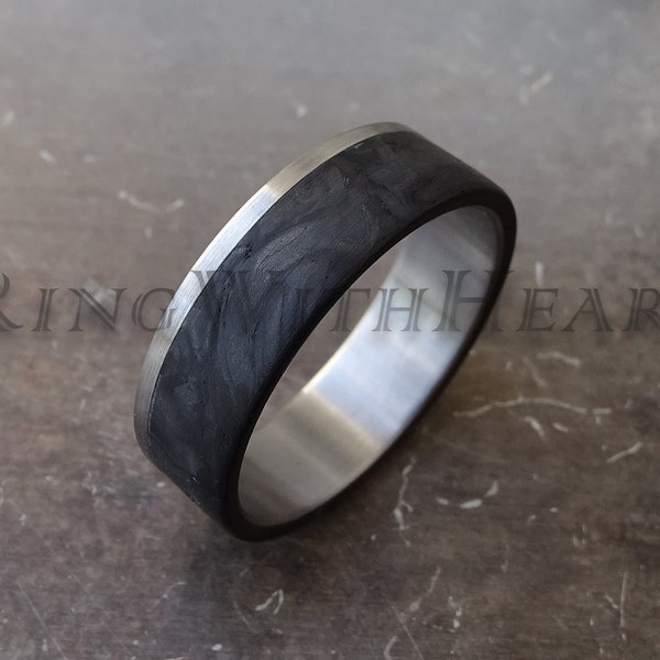 Forged Carbon Fiber Ring with Stainless Steel, Matte Black Mens Ring, Minimalist Wedding Ring, Father's Day Gift, Valentine's Day Gift