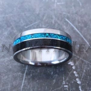 Genuine Black Tourmaline and Pacific Blue Opal Ring with Stainless Steel, Wedding Band, October Birthstone Ring, Engagement Ring