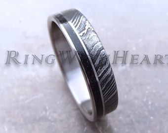 Damascus Steel Ring with black Tourmaline and Titanium, Engraved Wedding or Engagement Ring, Black Mens Ring, Gift for Him