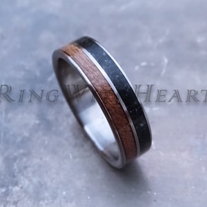 Genuine Black Tourmaline and Walnut Wood Ring with Stainless Steel, Wedding Band, Engagement, October Birthstone Ring, Valentine&#39;s Day Gift