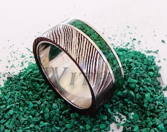 Damascus Steel Ring with Malachite and Titanium, Custom Engraved Wedding Ring, Engagement Ring, Birthday Gift for Him