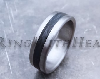 Stainless Steel Ring with Carbon, Forged Carbon Fiber Ring, Minimalist Wedding Band, Matte Black Ring, Mens Carbon Ring, Christmas Gift