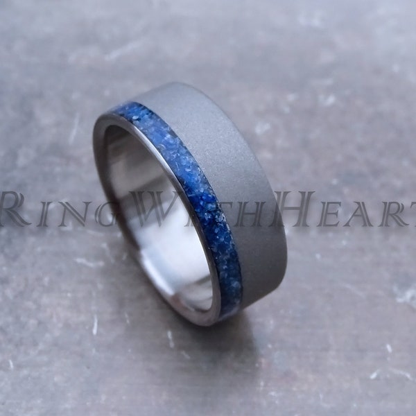 Sandblasted Stainless Steel Ring with Lapis Lazuli, Wedding Band, Engagement Ring, Birthday Gift, Mens Ring, Valentine's Day, Mother's Gift