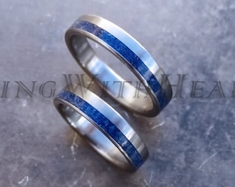 Lapis Lazuli Ring Pair with Stainless Steel, Wedding Bands, September Birthstone, Anniversary Rings, Engagement, friendship gift, price=pair