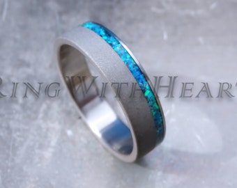 Sandblasted Titanium Ring with Blue Pacific Opal, Hypoallergenic Wedding Band, Engagement Ring, Mother's Day Gift, Valentines Day Gift