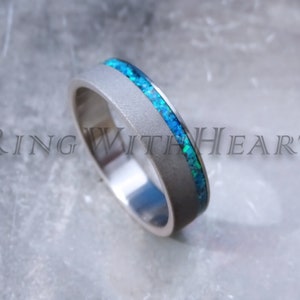 Sandblasted Titanium Ring with Blue Pacific Opal, Hypoallergenic Wedding Band, Engagement Ring, Mother&#39;s Day Gift, Valentines Day Gift