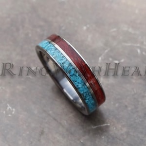 Padauk Wood and Turquoise Ring with Titanium, Genuine Turquoise, Wedding Band, Hypoallergenic Ring, Valentines Day Gift, Christmas Gift