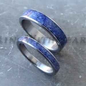 Lapis Lazuli Ring Pair with Stainless Steel Ring, Wedding Band Set, Anniversary Ring, September Birthstone Ring, Friendship Gift, price=pair