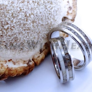 Set of Deer Antler Ring with Stainless Steel, Wedding Bands, Engagement Rings, Anniversary Rings, Hunters Gift, Friendship Gift, price=pair