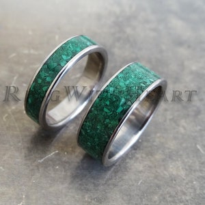 Malachite Ring Set with Titanium, Anniversary Rings, Hypoallergenic Wedding Ring Pair with Malachite, friendship gift, price = pair