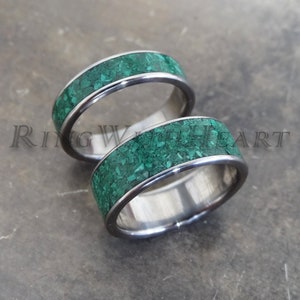 Malachite Wedding Ring Set with Stainless Steel, Anniversary Rings, Friendship Gift, Engagement Ring Pair, Valentines Day Gift, price=pair