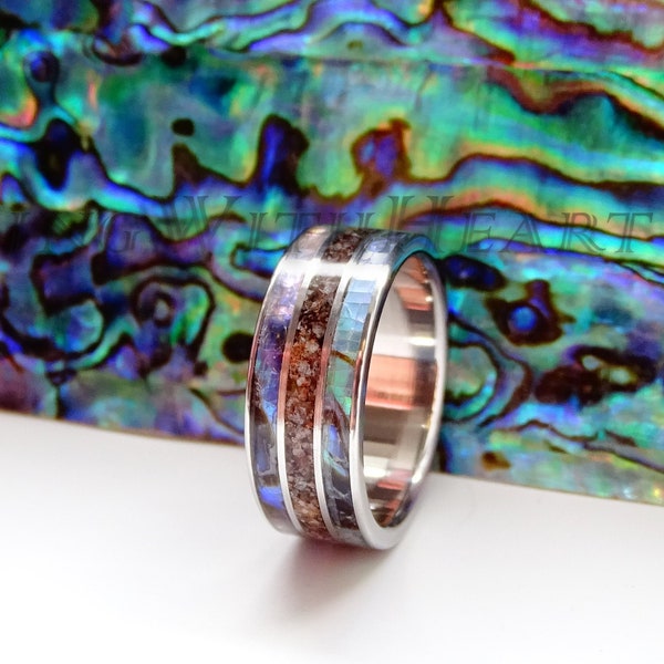 Abalone Shell and Dinosaur Bone Ring with Stainless Steel, Beach Wedding Band, Ring with real Blue Paua, Birthday Gift, Valentines Day Gift