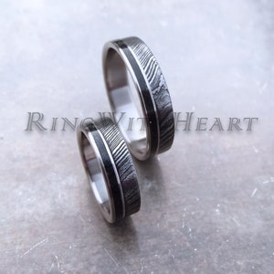 Damascus Steel Ring Set with black Tourmaline and Titanium, Wedding Band Set, Engagement Ring Pair, Anniversary Rings, Friendship Gift