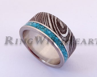 Damascus Steel Ring with Turquoise and Titanium, Custom Engraved Wedding Ring, Engagement Ring, Blue Ring,