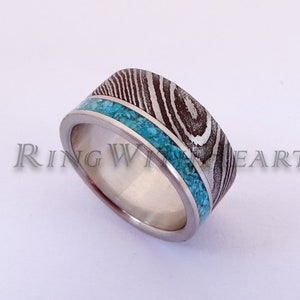 Damascus Steel Ring with Turquoise and Titanium, Custom Engraved Wedding Ring, Engagement Ring, Blue Ring,