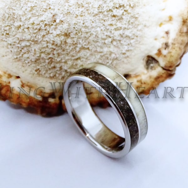 Dinosaur Bone and Deer Antler Ring with Stainless Steel, Gift for Him, Antler Wedding Band, Engagement Ring, Hunters Gift, Dino Ring