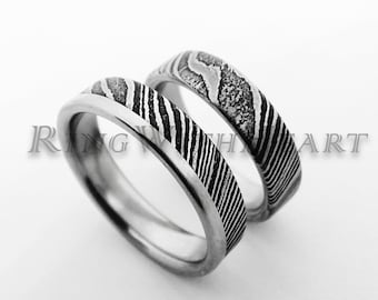 Pair of Damascus Steel Ring with Titanium, Custom Engraved Damascus Ring Set, Personalized Wedding Rings, Two Engagement Rings, price = pair