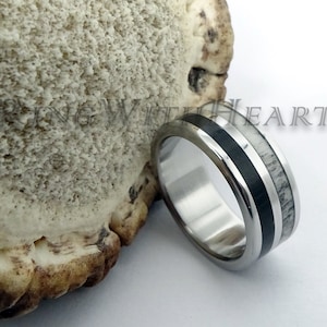 Deer Antler and Ebony Wood Ring with Stainless Steel, Wedding Band, Engagement Ring, Birthday Gift, Hunters Gift, Mens Ring, Valentine&#39;s Day