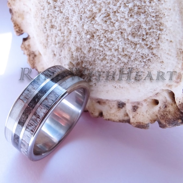 Dinosaur Bone and Deer Antler Ring with Stainless Steel, Antler Wedding Band, Mens Ring, Hunters Gift, Fathers Day Gift, Valentines Day Gift