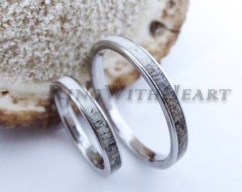 Deer Antler Ring Set with Titanium, Antler Wedding Ring Pair, Hypoallergenic Engagement Ring, Anniversary Rings, friendship gift, price=set