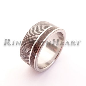Damascus Steel Ring with Titanium and Dinosaur Bone, Custom Engraved Wedding Ring, Engagement Ring, Personalized Mens Ring, Boyfriend Gift