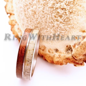 Walnut Wood and Deer Antler Ring with Stainless Steel, Antler Wedding Band, Engagement Ring, Hunters Gift, Ring for Him, Valentines Day Gift