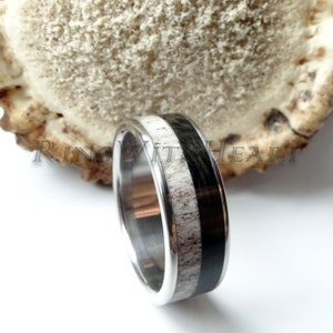Titanium Ring with black Ebony Wood and Deer Antler, Wedding Ring, Hypoallergenic Engagement Ring, Personalized gift for Him, Hunters Gift