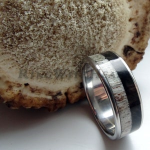 Ebony Wood and Deer Antler Ring with Stainless Steel, Wedding Band, Hunters Gift, Engagement Ring, Mens Ring, Valentines Day Gift