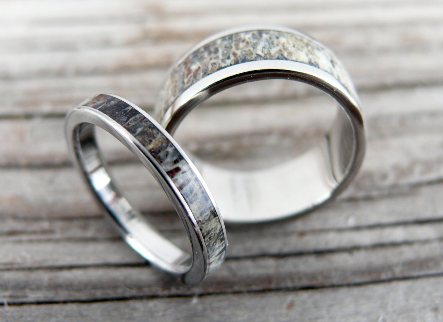 Titanium and Deer Antler Wedding Band Set Two Wedding Ring