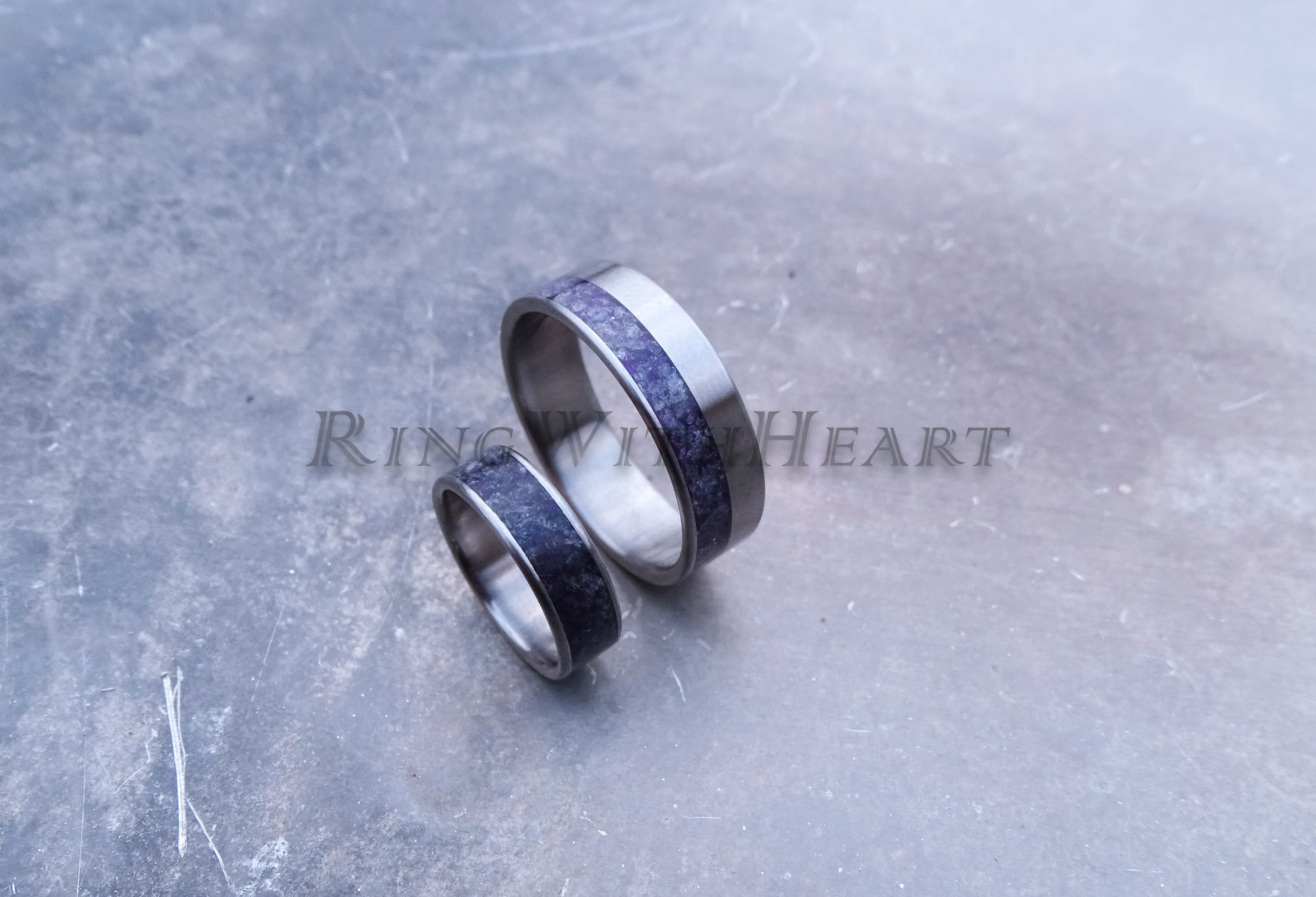 Genuine Amethyst Ring Pair with Titanium, Wedding Bands, February Birthstone, Hypoallergenic Engagement Rings, Anniversary Rings, price=pair