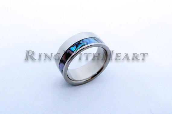 Blue Paua Shell Ring With Titanium Beach Wedding Ring