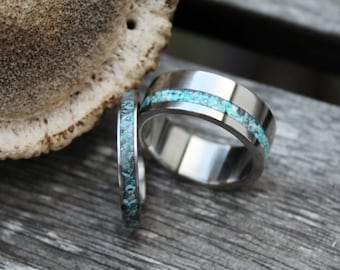 Titanium Ring with Turqouise Wedding Band Set, Two Wedding Ring, Engagement Ring, with Engraving, love gift