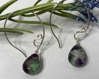 Open Silver Hoop Earrings with Fluorite Teardrop, Dangle Statement Earrings, Gemstone Earrings, Contemporary Jewelry,Simple Elegant earrings